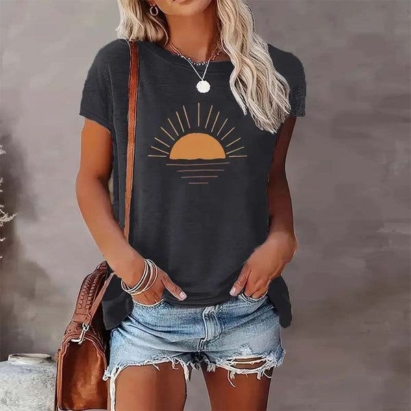 Women's Sunrise Print Round Neck T-Shirt - Casual Short Sleeve Summer Top