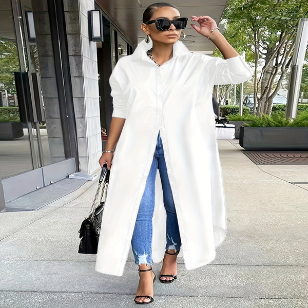 Women's Solid Button Design Longline Shirt, Casual Long Sleeve Outerwear For Daily Wear, Ladies Clothes For All Seasons, Top